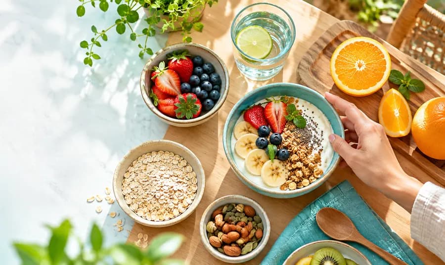 Mesa de café da manhã saudável com frutas, aveia e castanhas